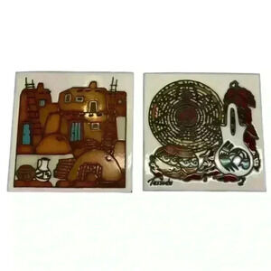 Vintage 1982 Teissedra Hispanic Southwestern Ceramic Tile Trivet Art. Set of 2